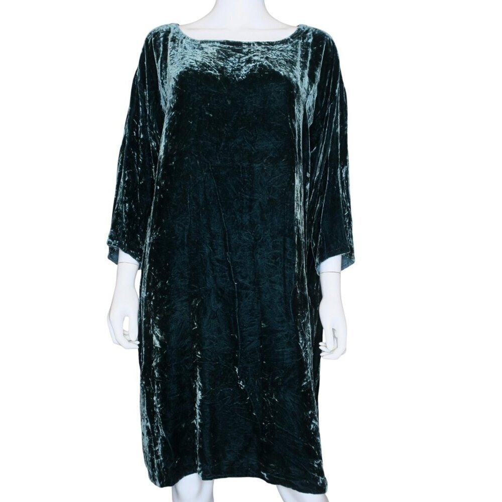Eileen Fisher Rayon Silk Velvet Tunic Dress Women's XL Holiday Green Pockets